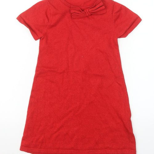 H&M Girls Red Bow Knit Shift Dress 5-6 Years Short Sleeve Cotton Blend