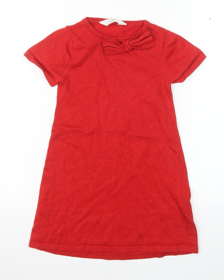H&M Girls Red Bow Knit Shift Dress 5-6 Years Short Sleeve Cotton Blend