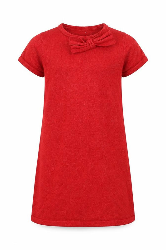 H&M Girls Red Bow Knit Shift Dress 5-6 Years Short Sleeve Cotton Blend