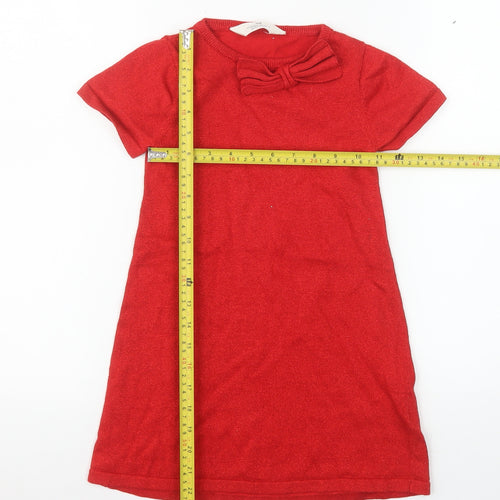 H&M Girls Red Bow Knit Shift Dress 5-6 Years Short Sleeve Cotton Blend