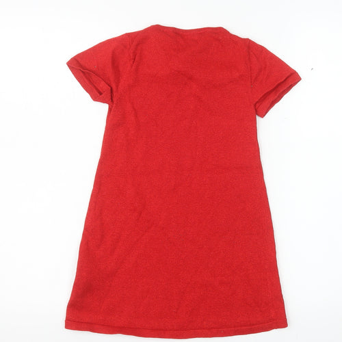 H&M Girls Red Bow Knit Shift Dress 5-6 Years Short Sleeve Cotton Blend