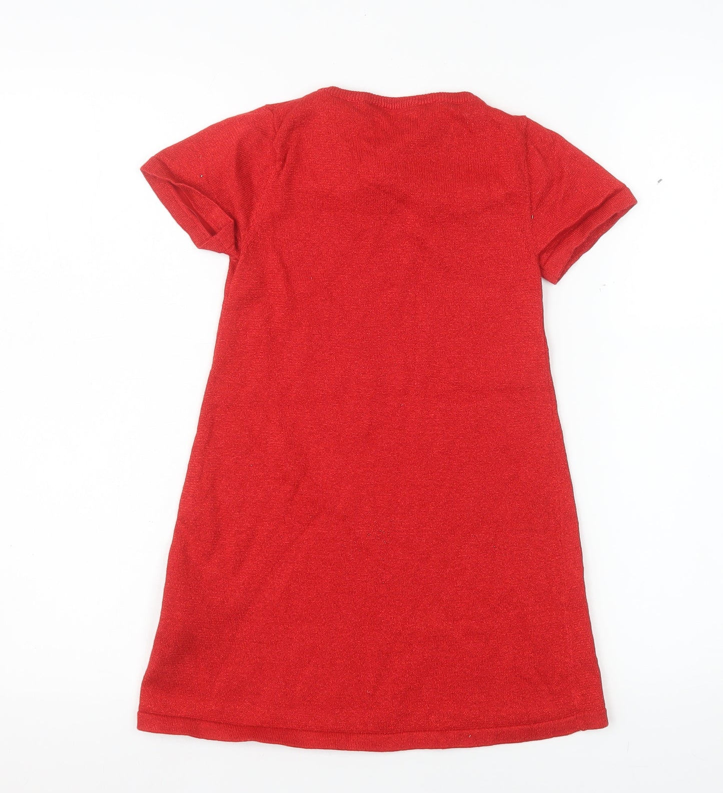 H&M Girls Red Bow Knit Shift Dress 5-6 Years Short Sleeve Cotton Blend