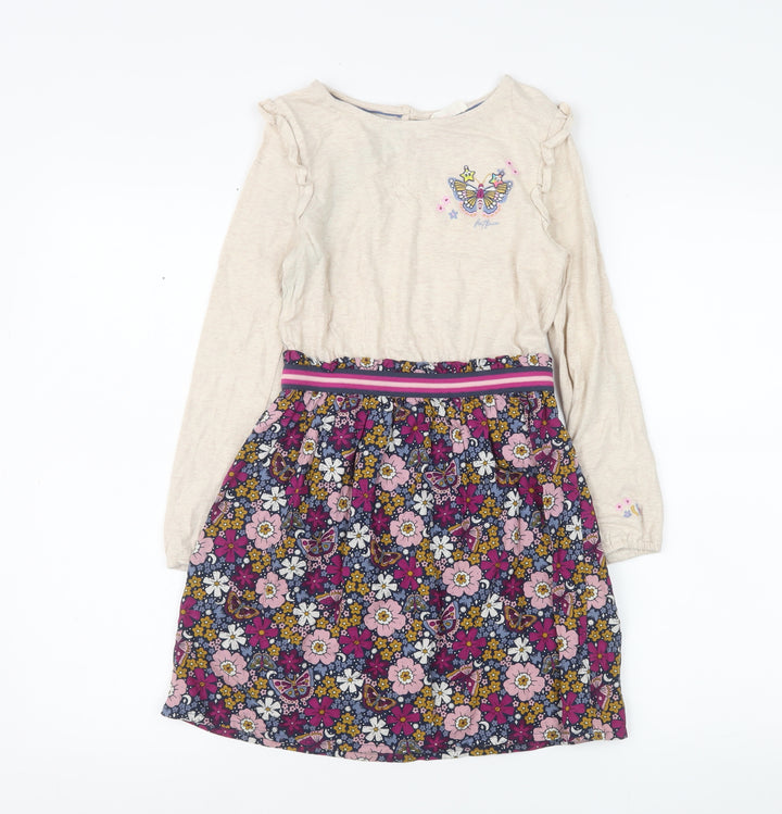 FatFace Girls Beige Floral Butterfly Cotton Viscose Fit & Flare Dress 8 Years