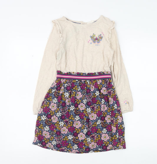 FatFace Girls Beige Floral Butterfly Cotton Viscose Fit & Flare Dress 8 Years
