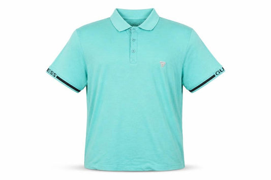 Front view of Guess men’s green slim fit polo shirt, size XL, cotton stretch