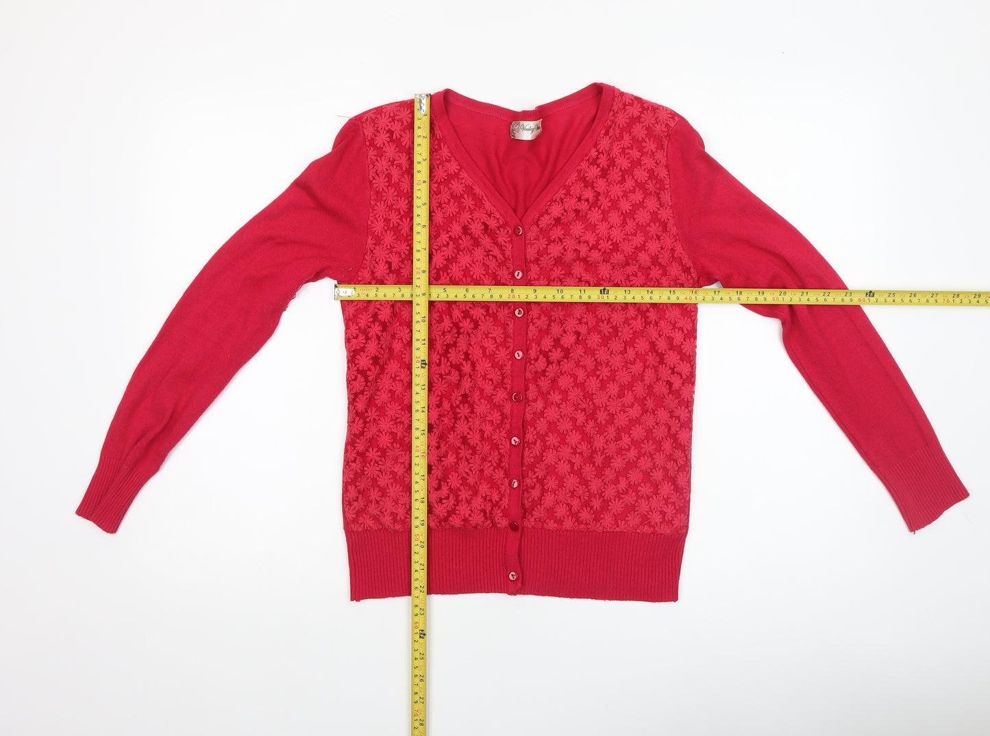 Voulez Vous Women’s Red V-Neck Floral Knit Cardigan Size S