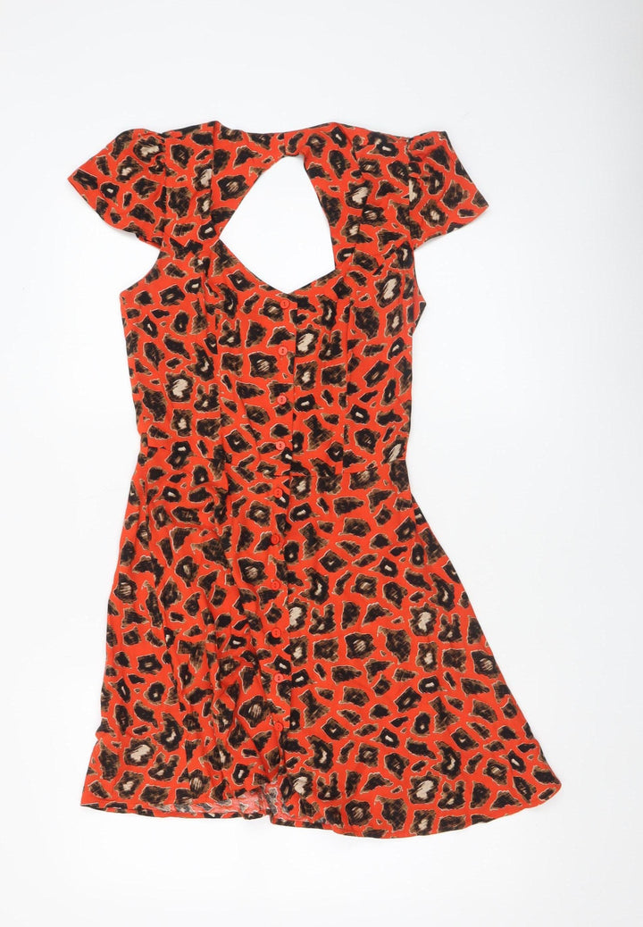 Topshop Women’s Orange Leopard Print A-Line Short Dress UK 8