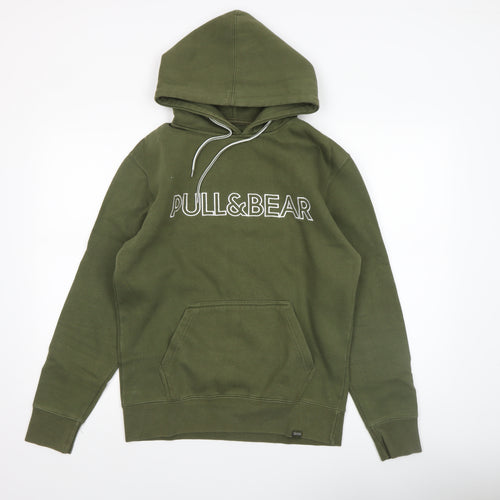 Pull&Bear Men's Green Pullover Hoodie Size S Graphic Logo Fleece