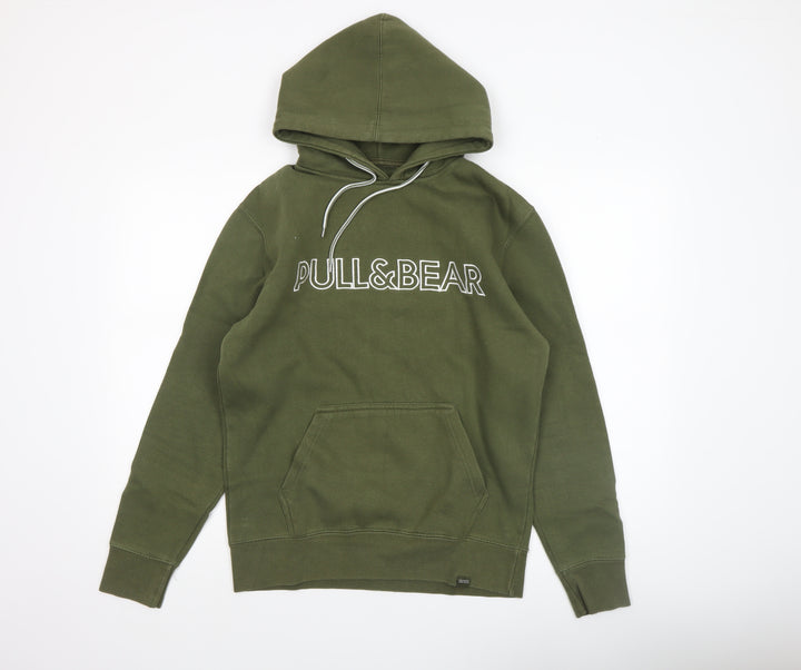 Pull&Bear Men's Green Pullover Hoodie Size S Graphic Logo Fleece