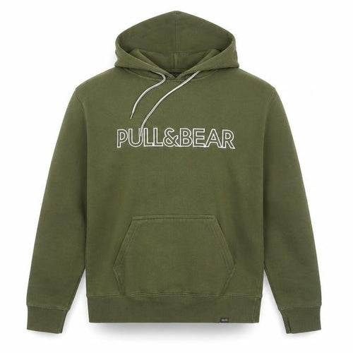 Pull&Bear Men's Green Pullover Hoodie Size S Graphic Logo Fleece