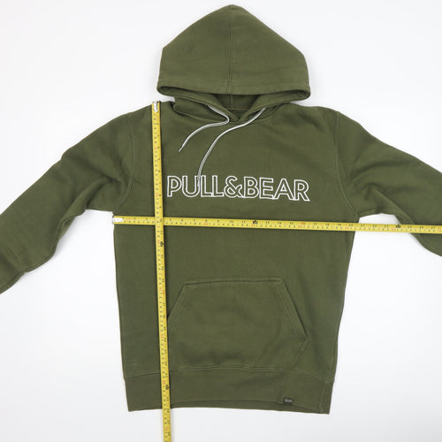 Pull&Bear Men's Green Pullover Hoodie Size S Graphic Logo Fleece