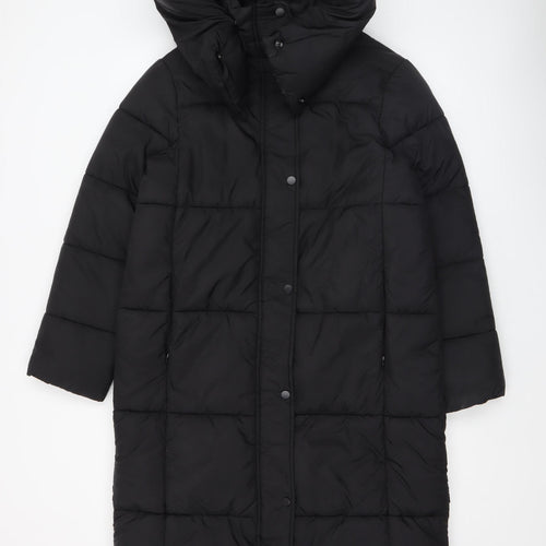 Primark Womens Black Long Puffer Coat XS Hooded Quilted Winter Jacket