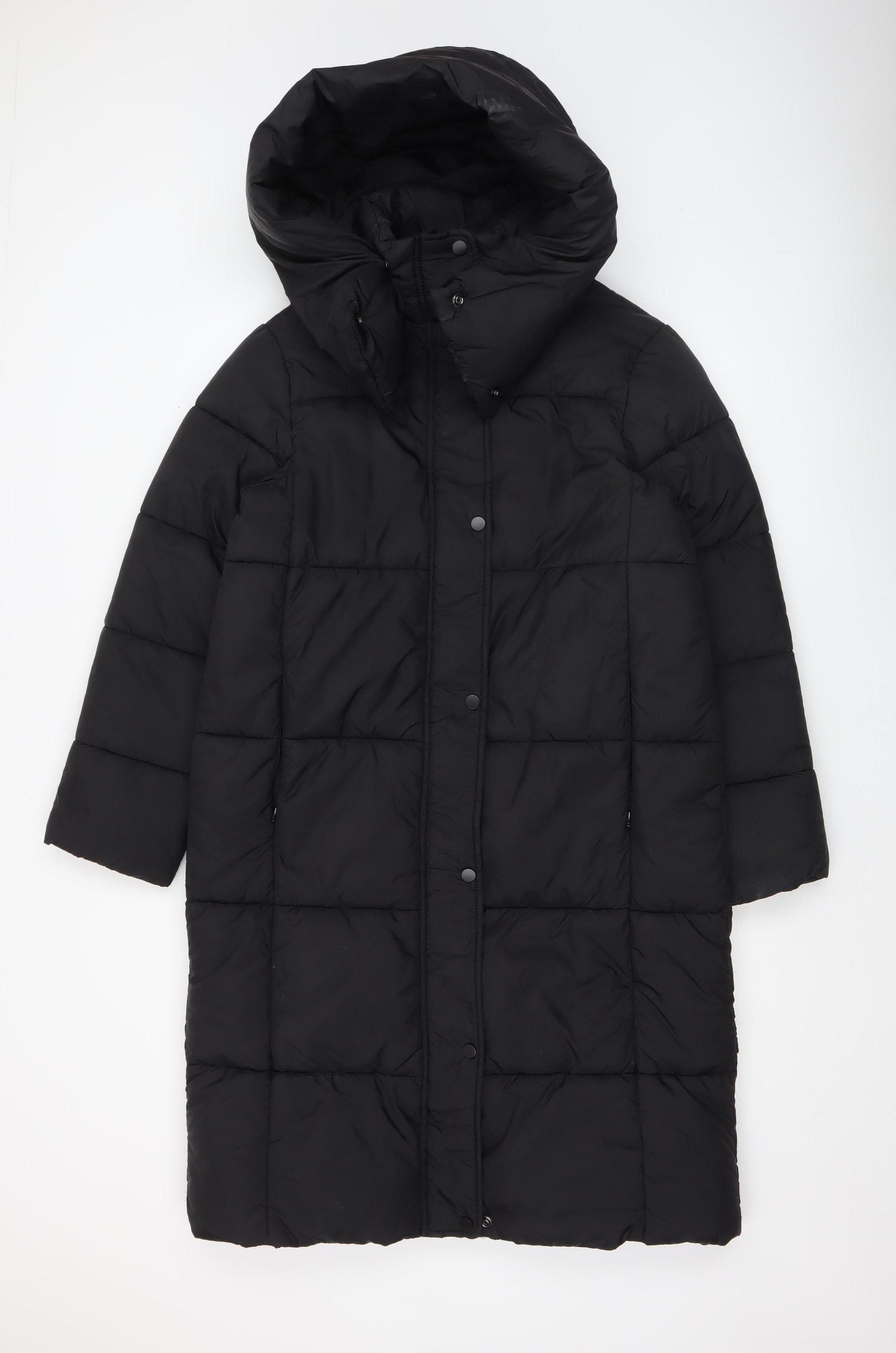 Primark Womens Black Long Puffer Coat XS Hooded Quilted Winter Jacket