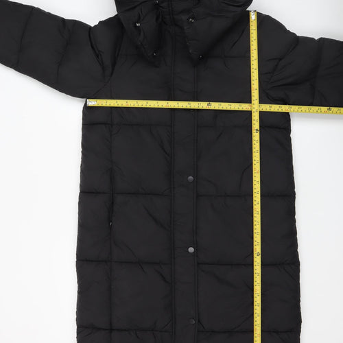Primark Womens Black Long Puffer Coat XS Hooded Quilted Winter Jacket