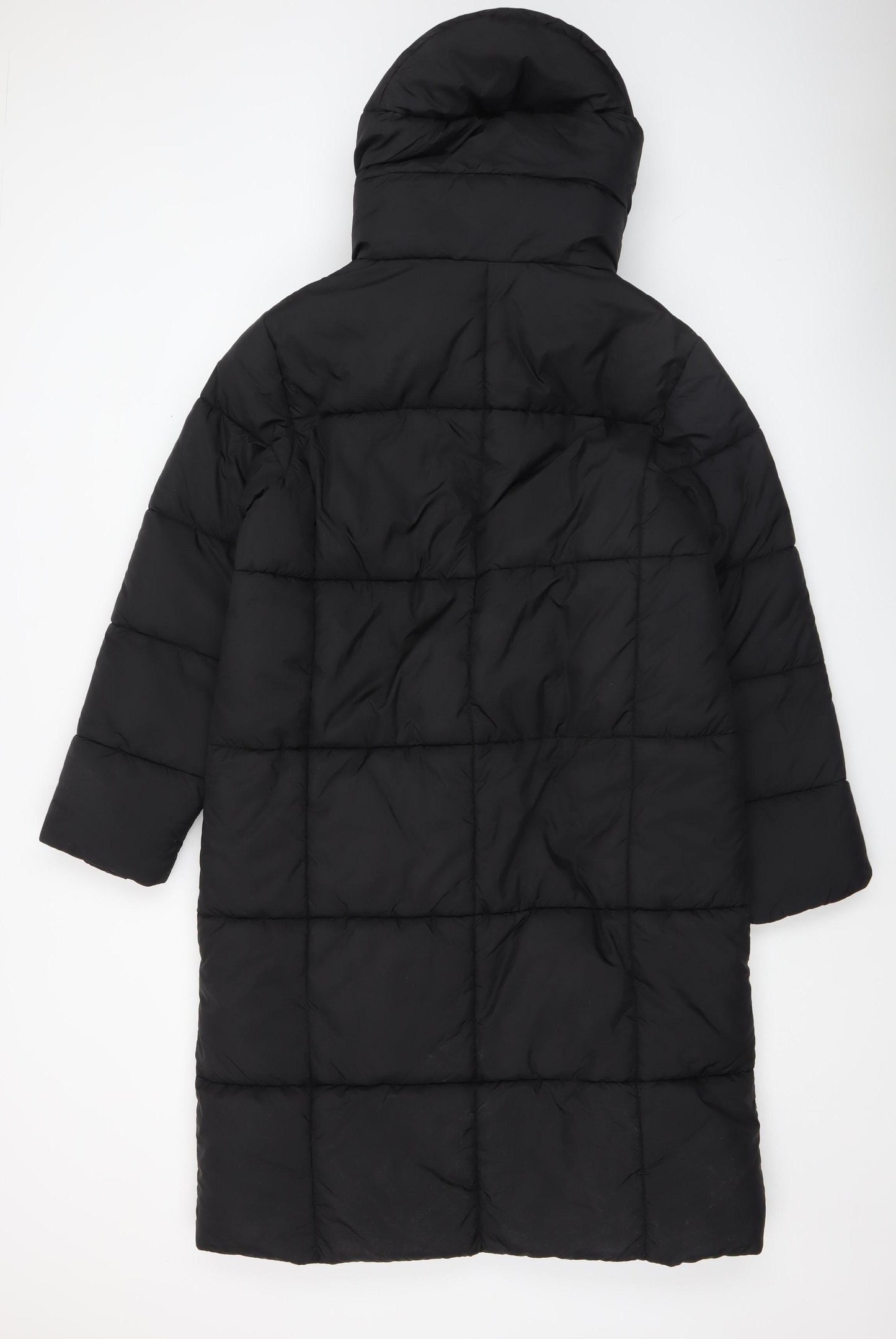 Primark Womens Black Long Puffer Coat XS Hooded Quilted Winter Jacket