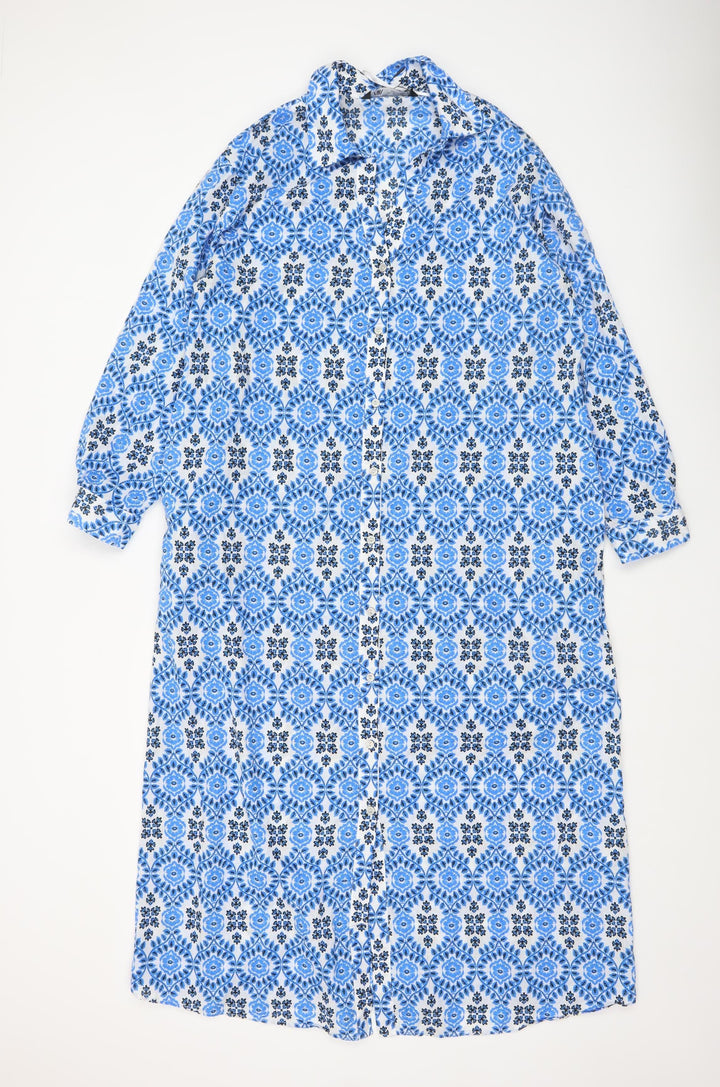Zara Women Blue Geometric Cotton Shift Knee Length Dress Size 14
