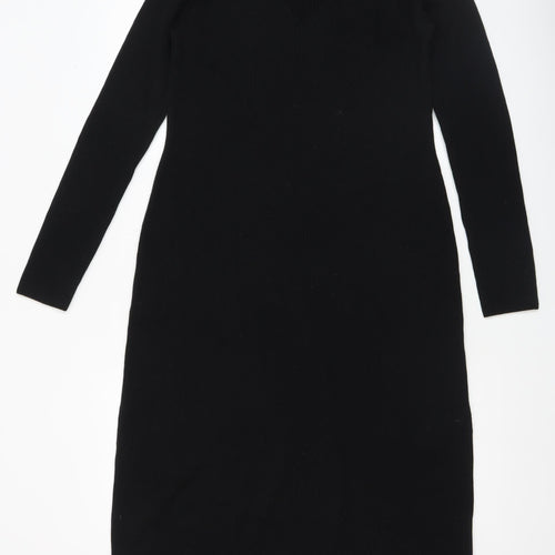 Uniqlo Women Black L Knit Bodycon Midi Dress Long Sleeve V-Neck