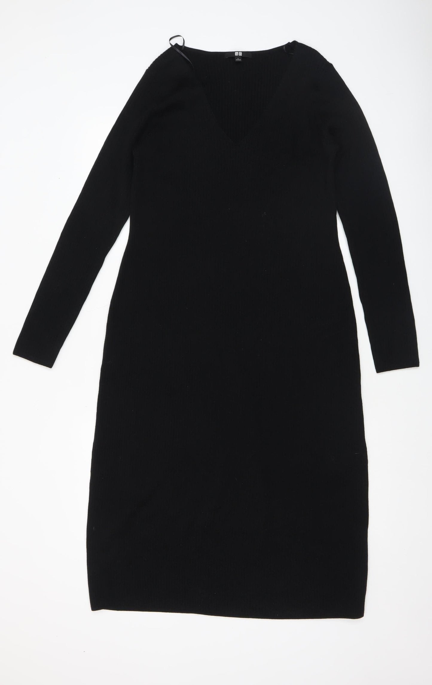 Uniqlo Women Black L Knit Bodycon Midi Dress Long Sleeve V-Neck