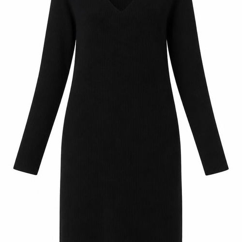 Uniqlo Women Black L Knit Bodycon Midi Dress Long Sleeve V-Neck