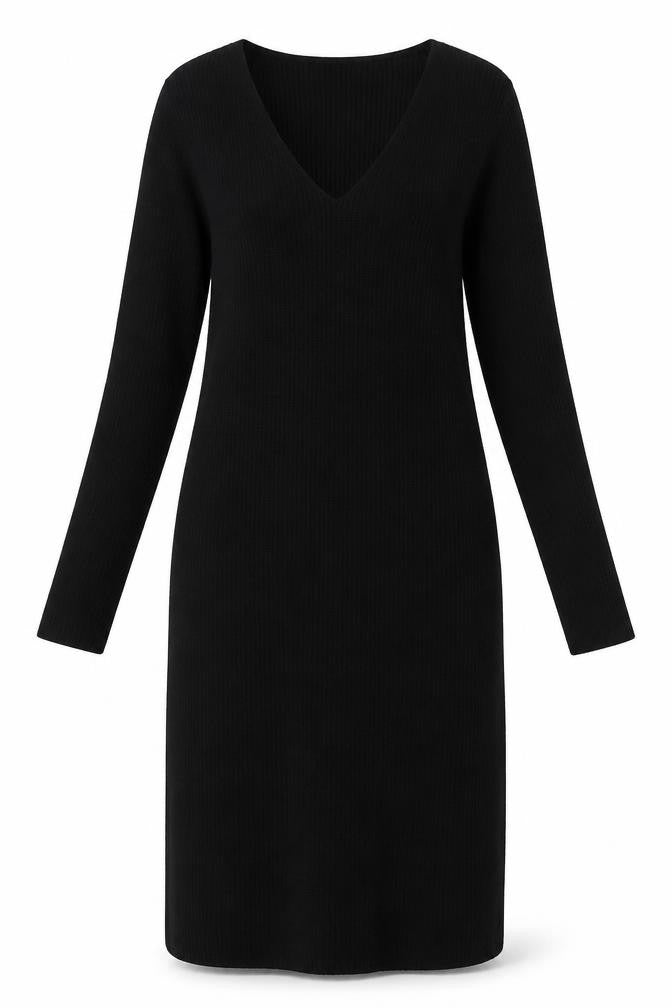 Uniqlo Women Black L Knit Bodycon Midi Dress Long Sleeve V-Neck