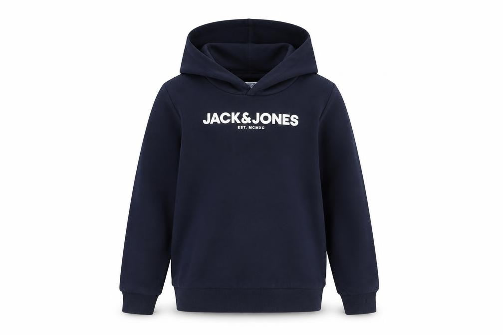 Front view of Jack & Jones boys’ navy pullover hoodie, size 140, cotton blend