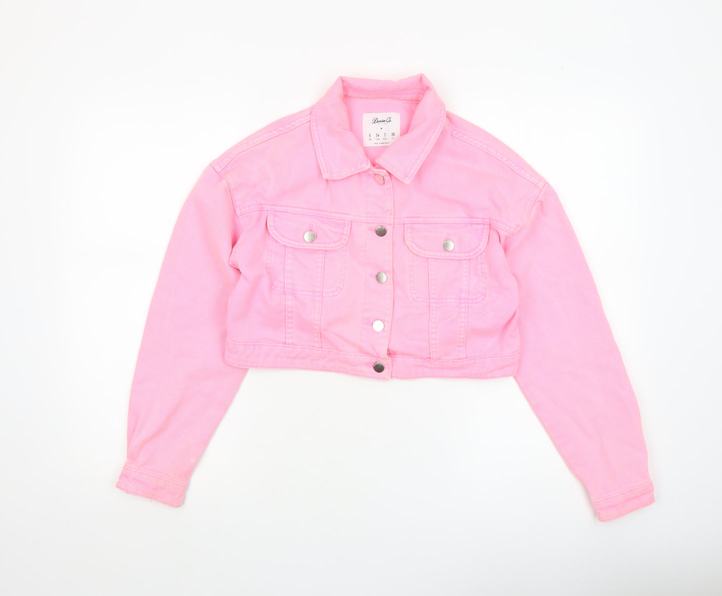 Denim Co Women’s Pink Cropped Denim Jacket Size 6 Casual Button Up