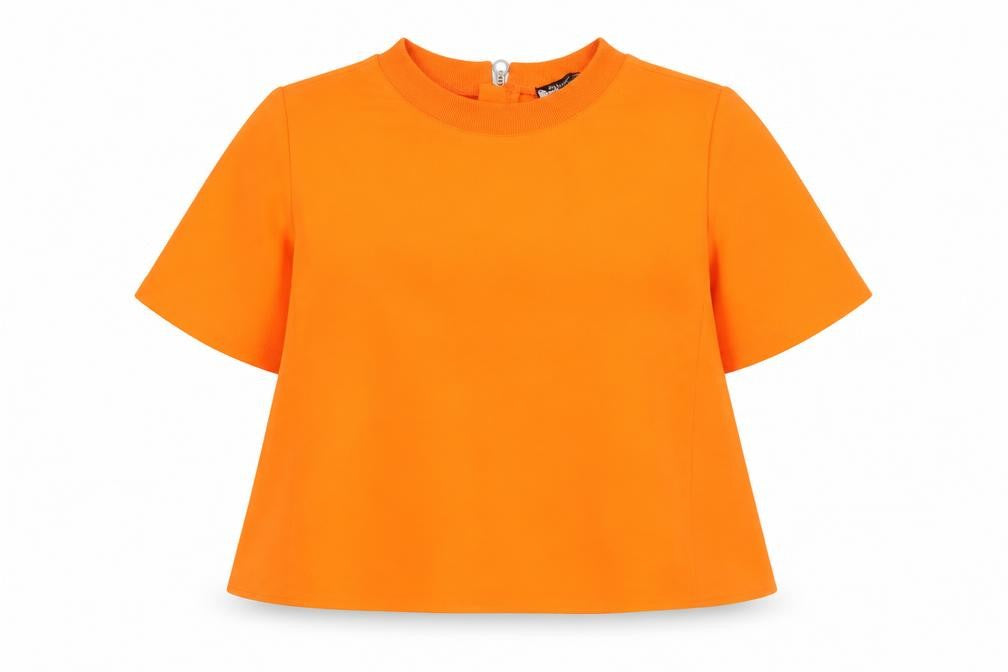 Front view of Silver Silke Women’s Orange Cropped Blouse Top M High Neck Zip Back