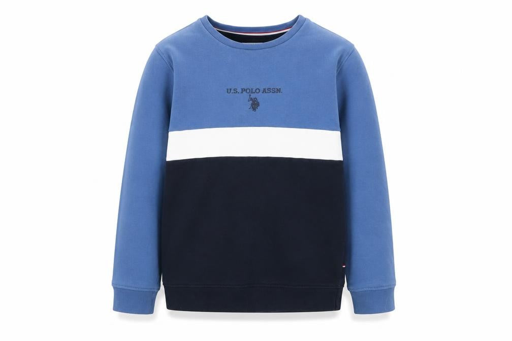 Front view of U.S. Polo Assn. boys’ blue colourblock pullover sweatshirt 8-9 years