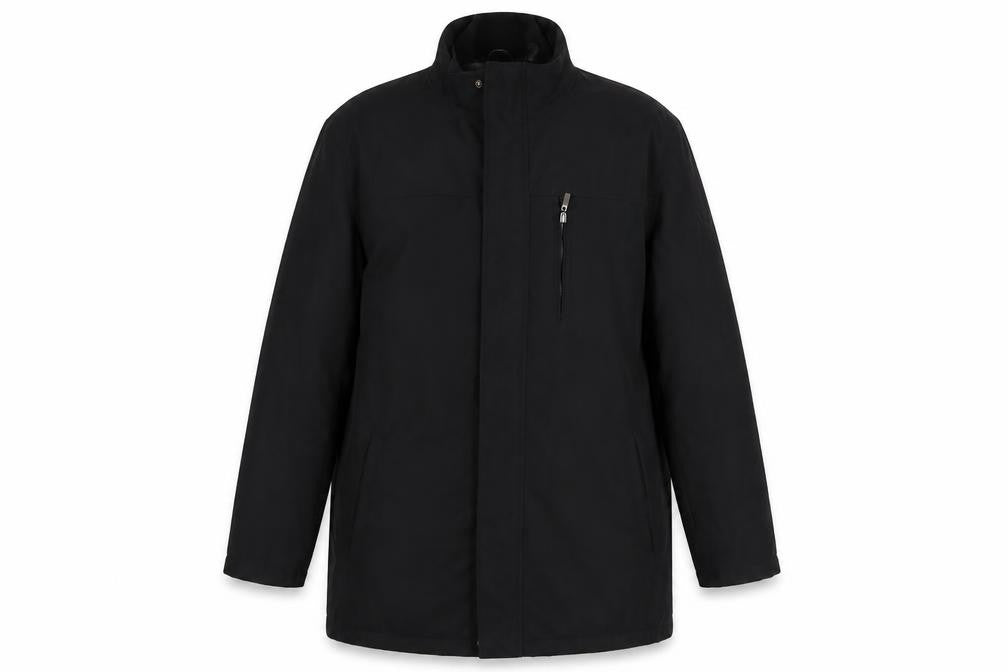 Front view of Thomas Nash Men's Black XL Mid-Length Zip Coat