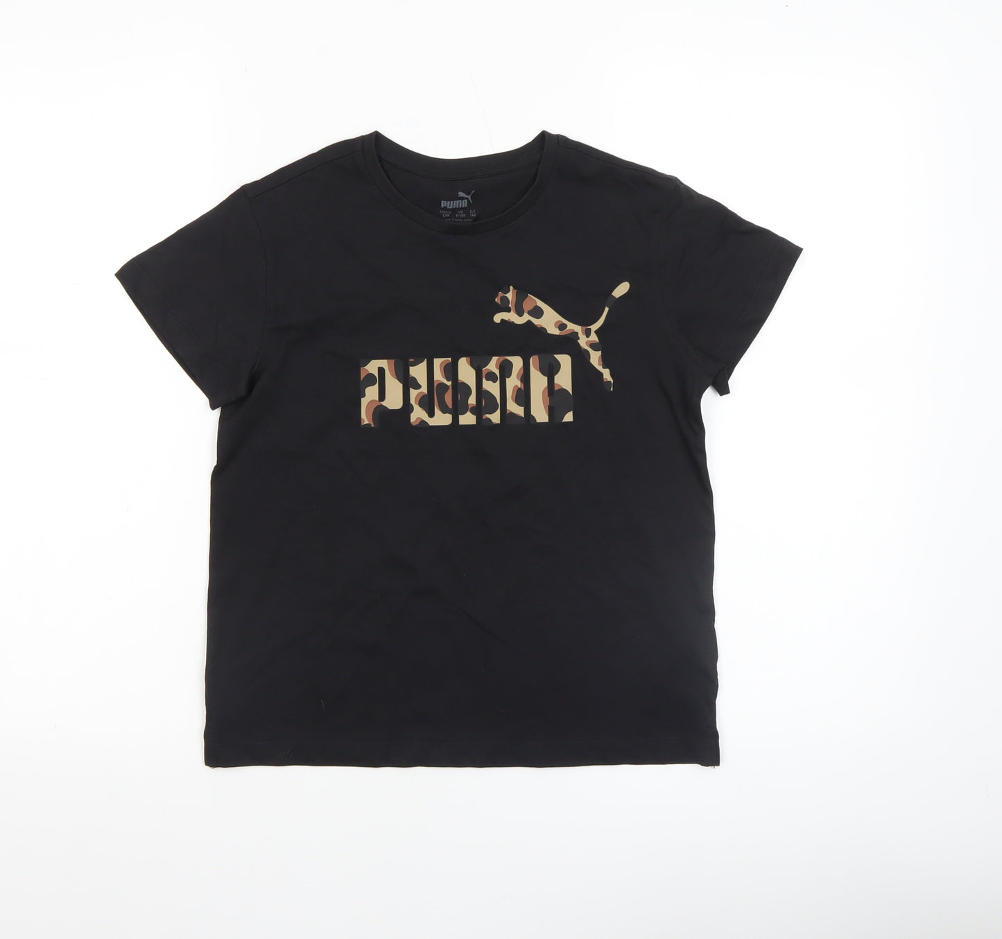 Puma Girls Black Camouflage Logo T-Shirt 9-10 Years Short Sleeve Cotton