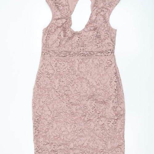 River Island Women’s Pink Lace Bodycon Dress Size 16 Sleeveless V-Neck