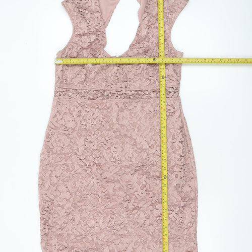 River Island Women’s Pink Lace Bodycon Dress Size 16 Sleeveless V-Neck