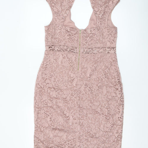 River Island Women’s Pink Lace Bodycon Dress Size 16 Sleeveless V-Neck