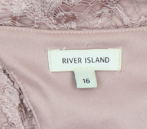 River Island Women’s Pink Lace Bodycon Dress Size 16 Sleeveless V-Neck