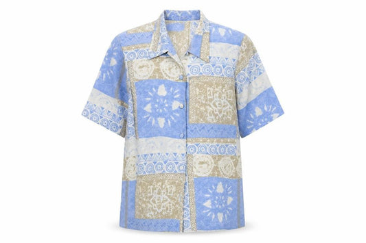 Front view of Michael Gold Women Blue Geometric Button-Up Tunic Shirt M