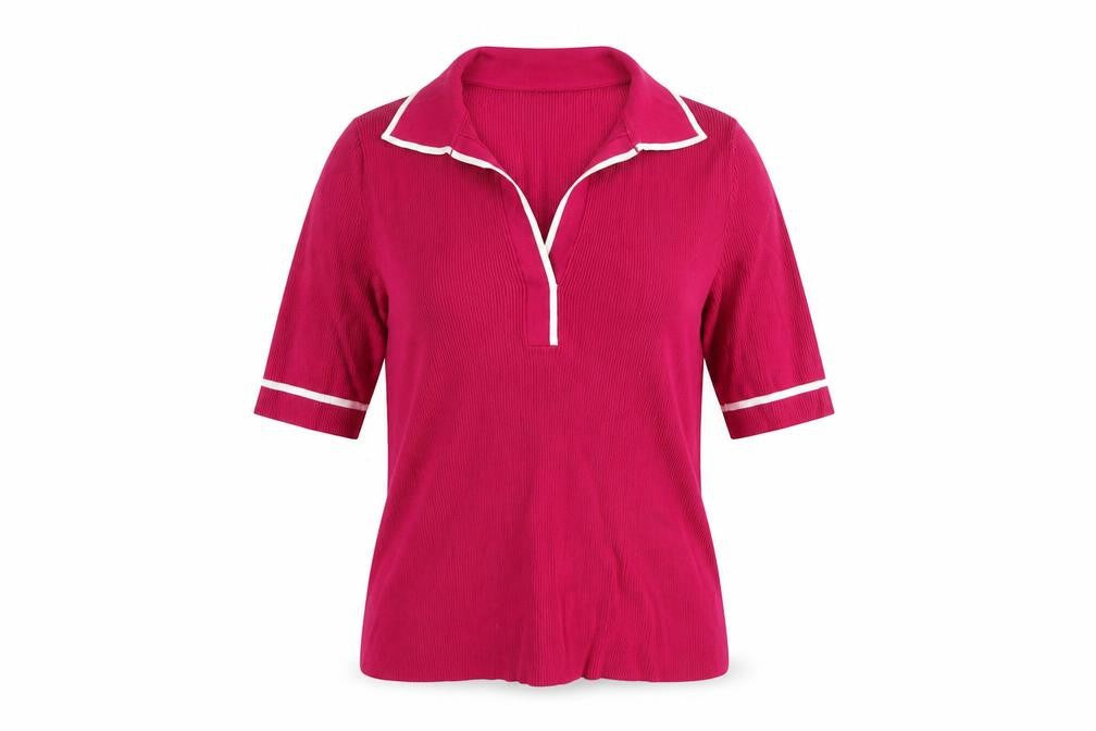 Front view of Carlisle Collection Women's Pink Collared Polo Top, size M