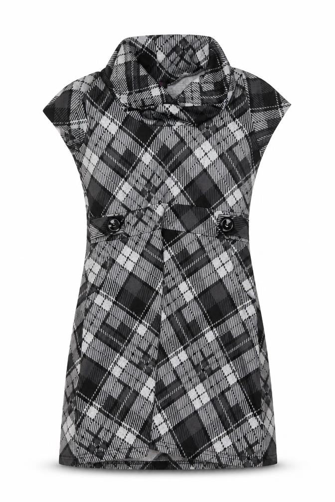 Front view of Stella Morgan Women's Black Check Shift Dress, size 12, Cowl Neck Stretch