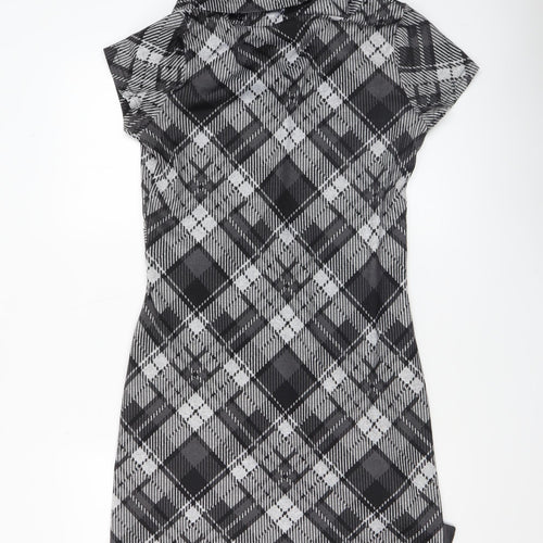 Stella Morgan Women's Black Check Shift Dress Size 12 Cowl Neck Stretch