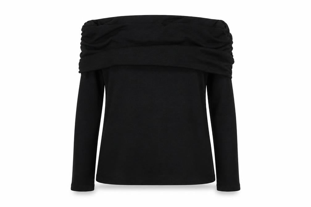 Front view of River Island women’s black off shoulder long sleeve blouse, size UK 14