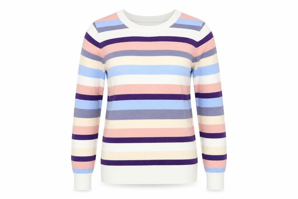 Front view of Jessica Graaf women’s multicoloured striped crew neck jumper medium