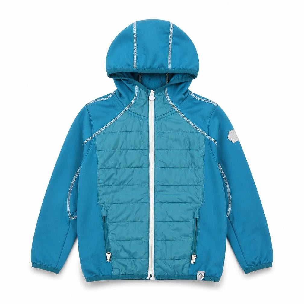 Front view of Regatta boys’ blue full zip hooded hoodie 5-6 years softshell jacket