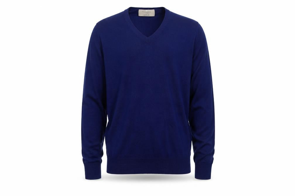 Front view of Paul Costelloe Men’s Blue Merino Wool V-Neck Jumper Medium