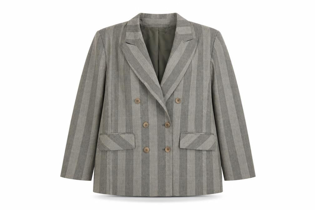 Front view of Amari Women Taupe Checked Double-Breasted Blazer, size 20