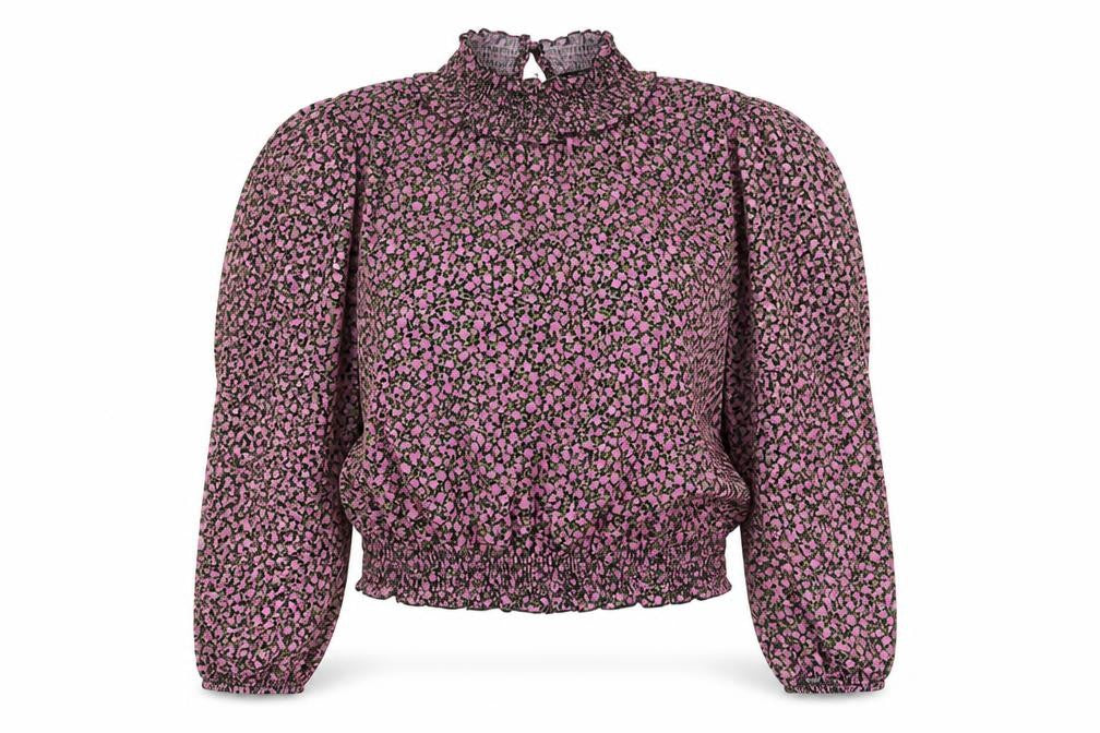 Front view of I Saw It First women’s black floral puff sleeve blouse, size M