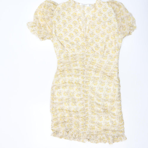 ELENZA Women’s Yellow Floral Short Puff Sleeve Bodycon Dress Size 10