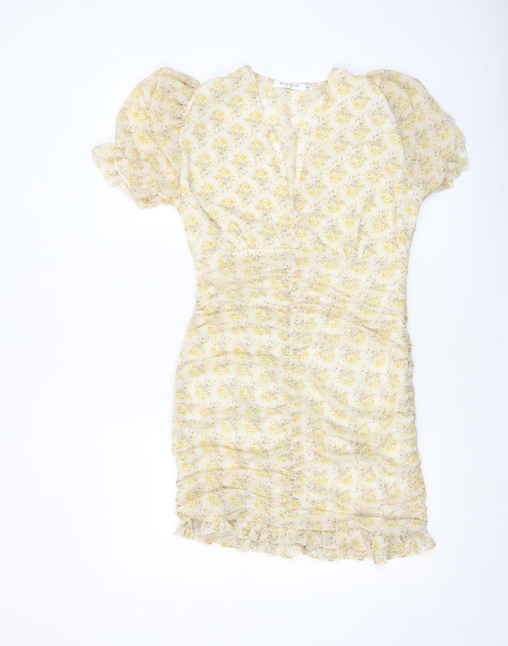ELENZA Women’s Yellow Floral Short Puff Sleeve Bodycon Dress Size 10