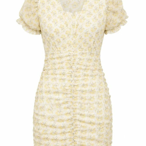 ELENZA Women’s Yellow Floral Short Puff Sleeve Bodycon Dress Size 10
