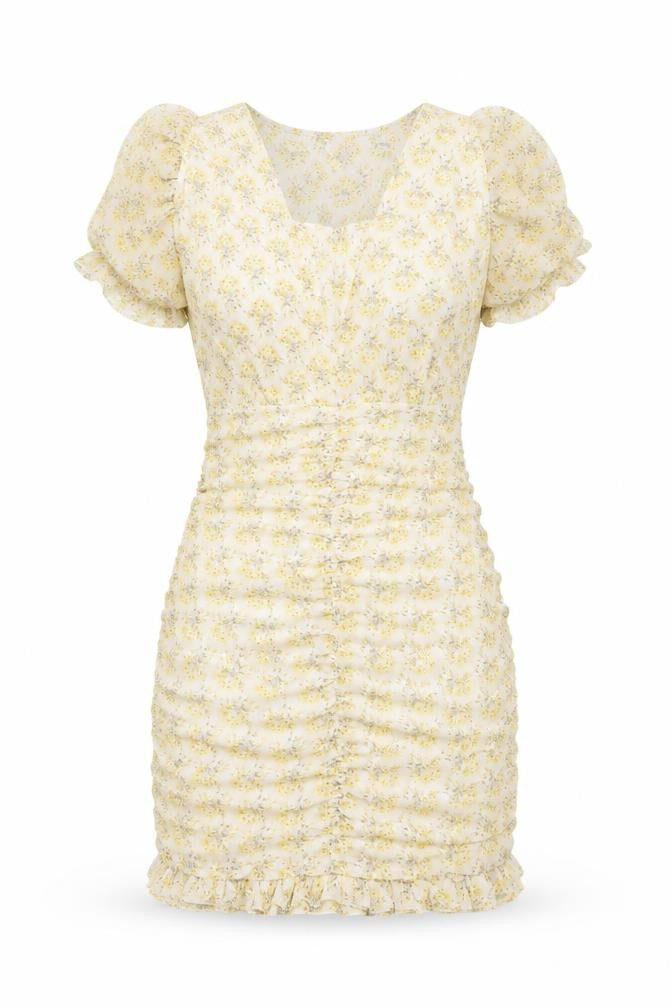 ELENZA Women’s Yellow Floral Short Puff Sleeve Bodycon Dress Size 10
