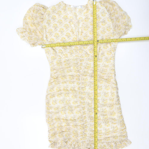 ELENZA Women’s Yellow Floral Short Puff Sleeve Bodycon Dress Size 10