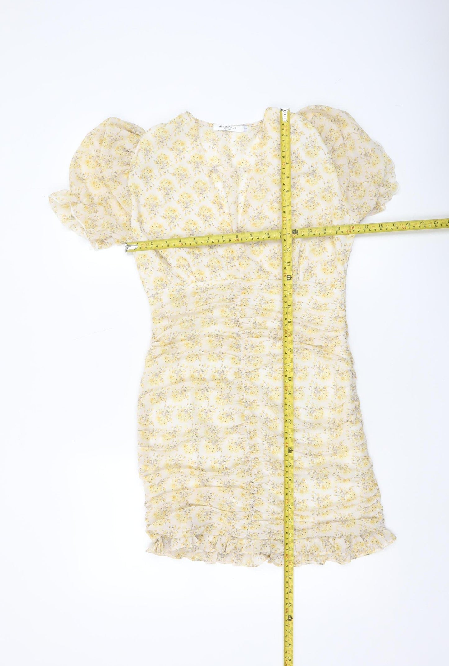 ELENZA Women’s Yellow Floral Short Puff Sleeve Bodycon Dress Size 10